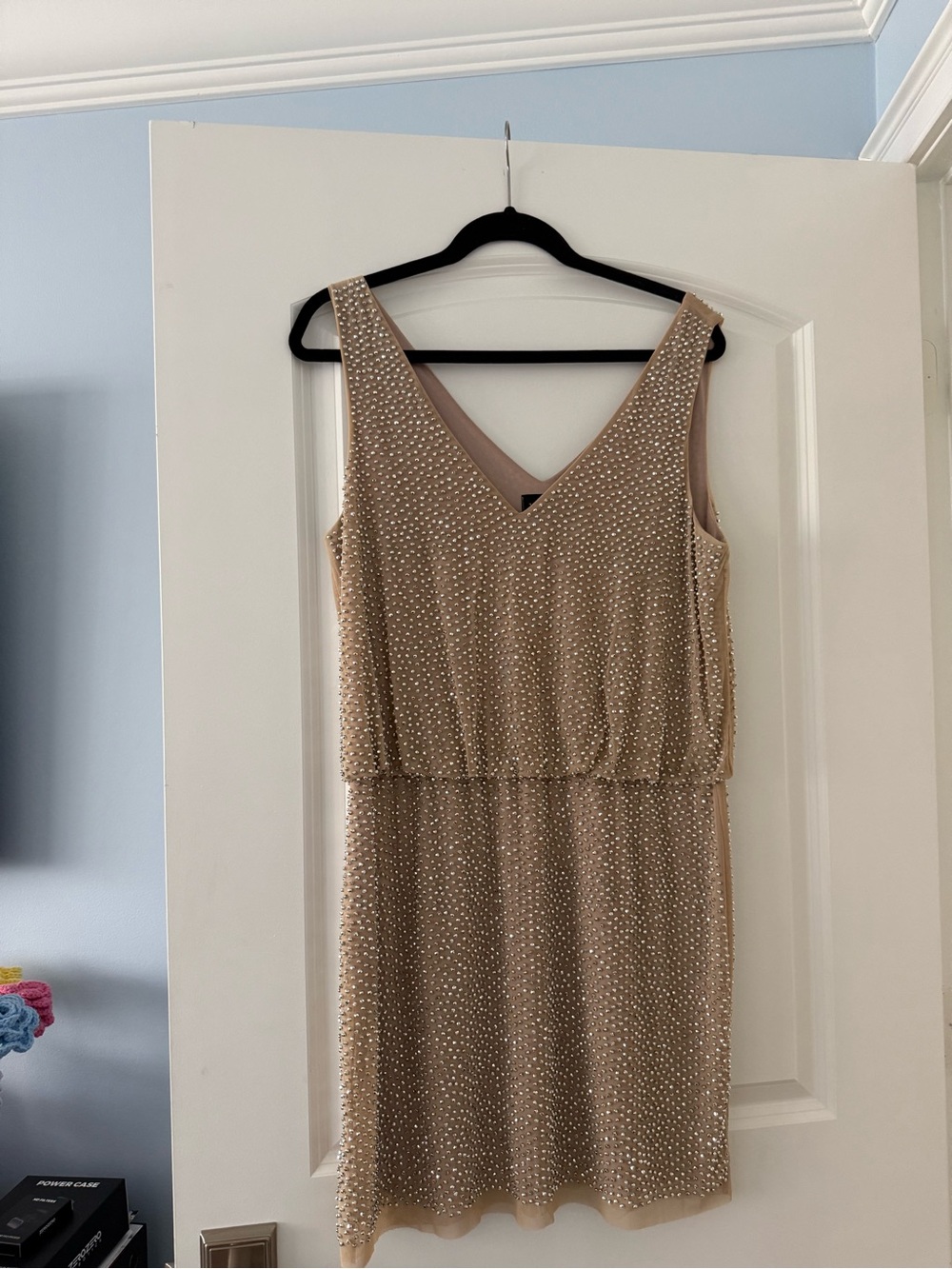 Xscape Beaded V-Neck Midi Dress - Champagne Cocktail Dress